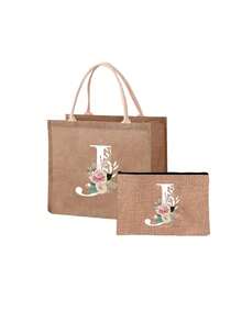 Mini Floral & Letter Print Linen Tote Bag, Women's Fashion Shopping Bag/Handbag/Grocery Bag, Teacher's Portable Tote Bag, Ideal Shopping Tote/Lunch Bag - Khaki - View 57