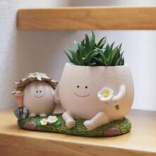 Cute Smile Face Planter Pot With Drainage Hole Funny Plant Pots For Indoor Outdoor Plants, Head Flower Pots For Succulent String Of Pearls Unique Gift On Mother's Day, Birthday, Christmas - 米色 - 查看 7