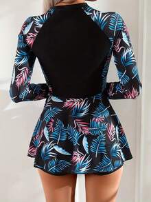 Summer Women's Long Sleeve Tropical Pattern High Neck Zip Knitted Swimsuit With Shorts Bottom Medium Stretch Fabric - Multicolor - View 2