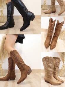 Women's Tall, Mid-Calf Cowboy Boots In Black, Brown, And Beige With A Pointed Toe And Western Embroidery, Ideal For Festivals, Concerts, Casual Outings, Theme Parties, Trips, And Rural Getaways. - 棕色 - 查看 5