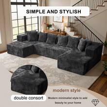 132'' U-Shape Modular Cloud Corduroy Sofa - Modern And Suitable For Living Room, Comfortable,Living Room Combination Sofa,No Assembly Needed,Popular Boneless Sectional Couch Loveseat Couch Vacuum-Sealed Compression Sofa - 深灰色 - 查看 7
