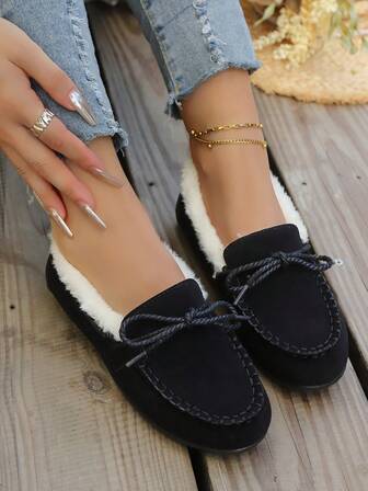 女士冬季圆头系带蝴蝶结毛绒装饰休闲一脚蹬平底鞋，舒适保暖纯色拼接透气轻便日常户外度假散步驾驶乐福鞋