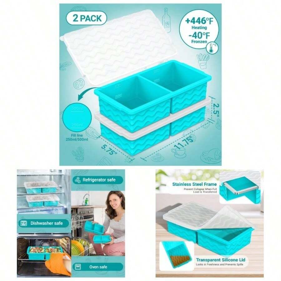 Silicone Freezer Tray With Lid U2013 2 - Cup Soup Freezer Container Molds, Large Cube Trays Freezing Soup, Sauce Broth, Meal Prep Food Storage U2013 Oven Dishwasher , 2 - Pack - 湖藍色 - 查看 1