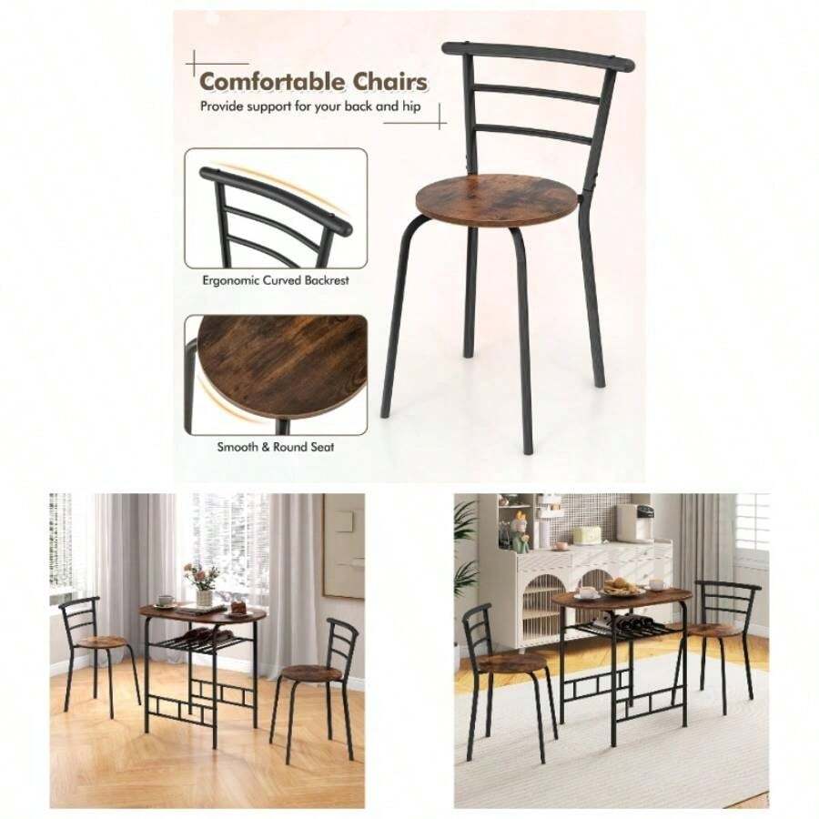Dining Table And Chairs Set 2, 3 - Piece Compact Dining Room Set With Storage Shelf, Metal Frame, Breakfast Bar Table Kitchen, Living Room And Lounge Office Black - Rustic Brown - View 1
