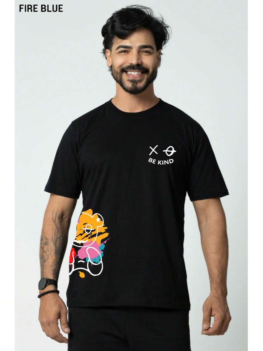 XO Bear (BAR) And Be Kind (SHIELD) Oversized T-Shirt Men Women Cotton Reinforced Stitching Unisex StreetWear - 黑色 - 查看 1