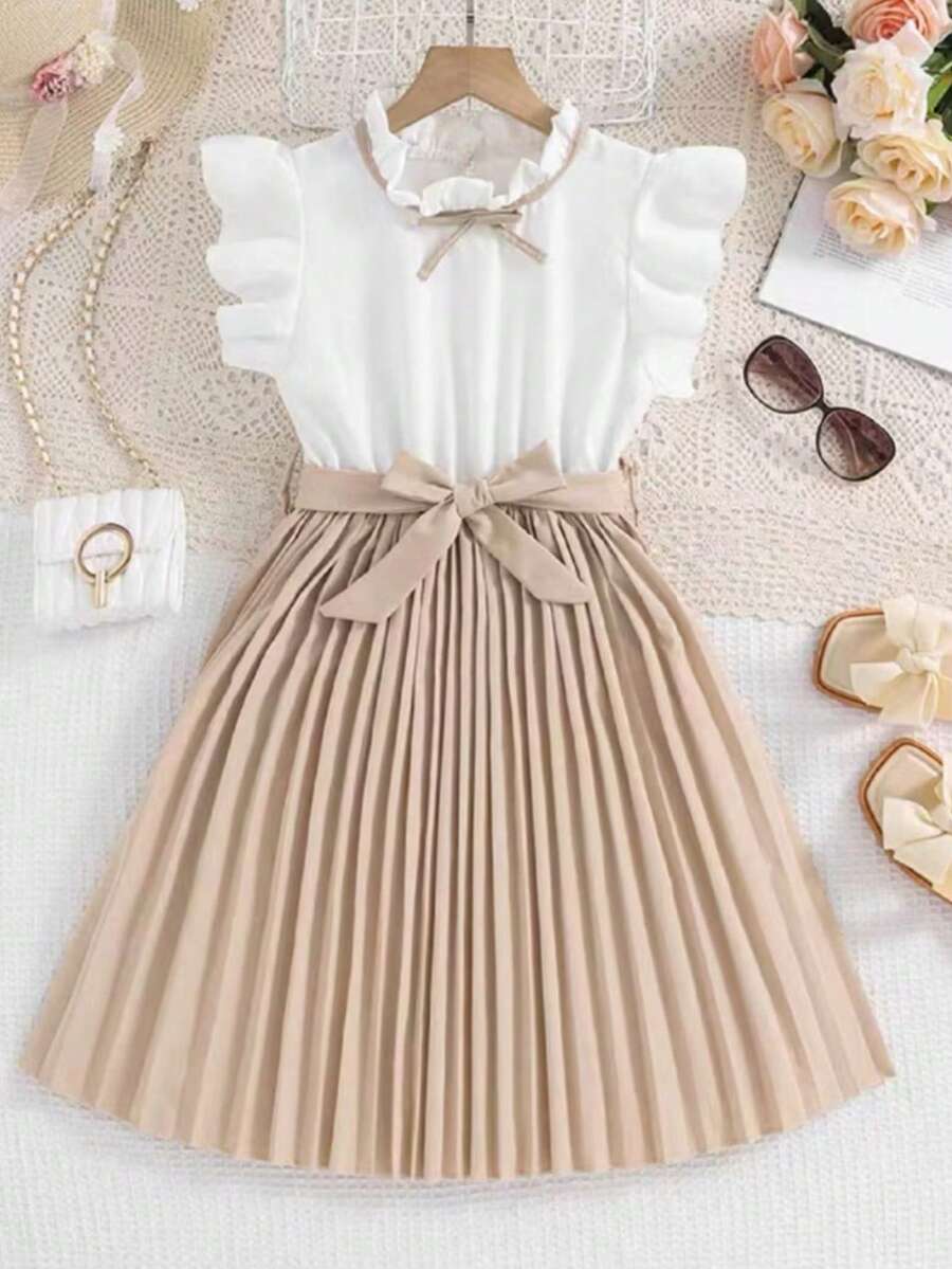 Children's Pleated Dress For Church Events, Ages 2 To 14 - Beige - View 1