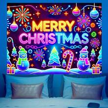 Tapiserie de Crăciun care strălucește în întuneric - Banner fluorescent reactiv UV, decor de petrecere neon și fundal pentru fotografie, nu necesită alimentare, poliester
