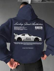 GRDR 男士连帽衫，汽车元素印花，袋鼠口袋，秋冬新款街头时尚 - 藏蓝色 - 查看 6