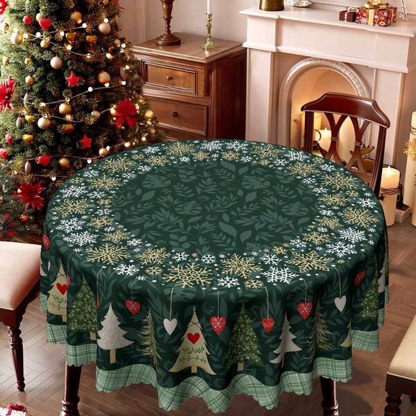 1pc Vintage Christmas Rectangular/Round Tablecloth, Green Decor, Christmas Tree, Heart & Plaid Pattern, European & Traditional Style Theme, Christmas Decoration, Suitable For Indoor & Outdoor Use - Easy To Clean Holiday Dining Tablecloth, Available In Multiple Sizes