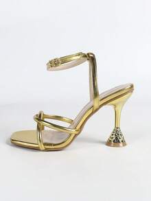 Giày sandal cao gót mũi vuông quai chéo màu vàng kim sang trọng, tối giản, quyến rũ dành cho nữ, thích hợp cho các bữa tiệc, đám cưới, sự kiện ngoài trời, phù hợp với trang phục mùa xuân hè. - Vàng - Xem 6