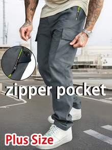 Plus Size Men's Casual Cargo Pants, Drawstring Waist, Zipper Pockets - Lightweight Polyester Fabric, Suitable For Spring/Summer Running, Training And Outdoor Activities, Casual Outdoor Pants - Grey - View 3