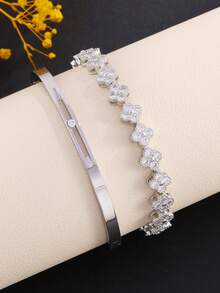 Bộ 1/2 vòng tay và lắc tay hình cỏ bốn lá cổ điển sang trọng, trang sức thời trang dành cho nữ, thích hợp để đeo hàng ngày và làm quà tặng. - SGS350 bạc - Xem 4