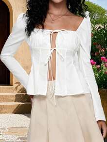 Womens Tie-Up Front Tops Long Sleeve Square Neck Solid Color Split Shirts Spring Fall Blouses - White - View 4