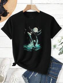 Round Neck Black T-Shirt with Orca Whale and Moon Print for Casual Wear - Negro - Ver 4