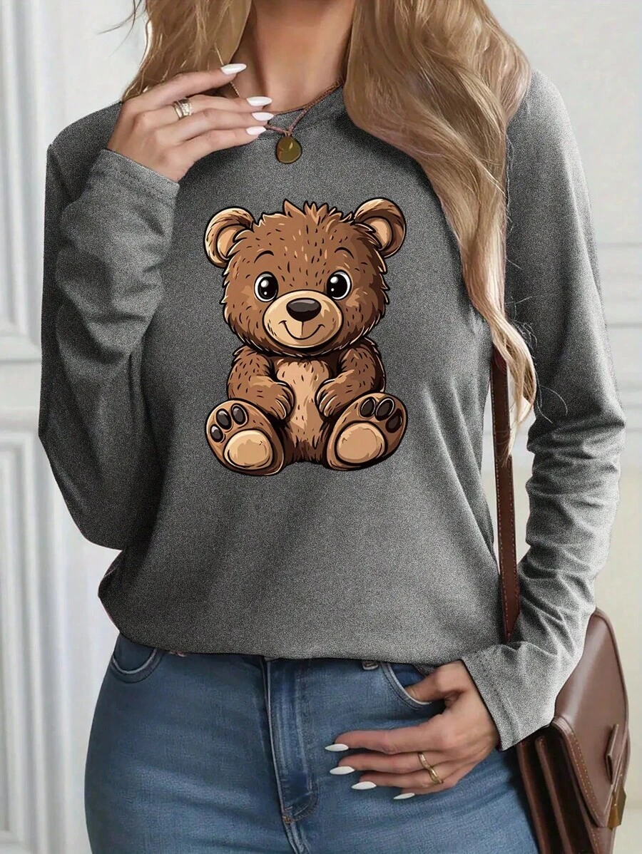 Women's Cute Bear Graphic Print Long Sleeve T-Shirt - Soft Round Neck Casual Top For Spring/Summer, Machine Washable Vacation & Streetwear, White, Spring Fashion, Playful Design, Durable Clothing, Print Shirt, Womenchristmas Outfit Women Long Sleeve Tops Winter Clothes For Women - Xám - Xem 1