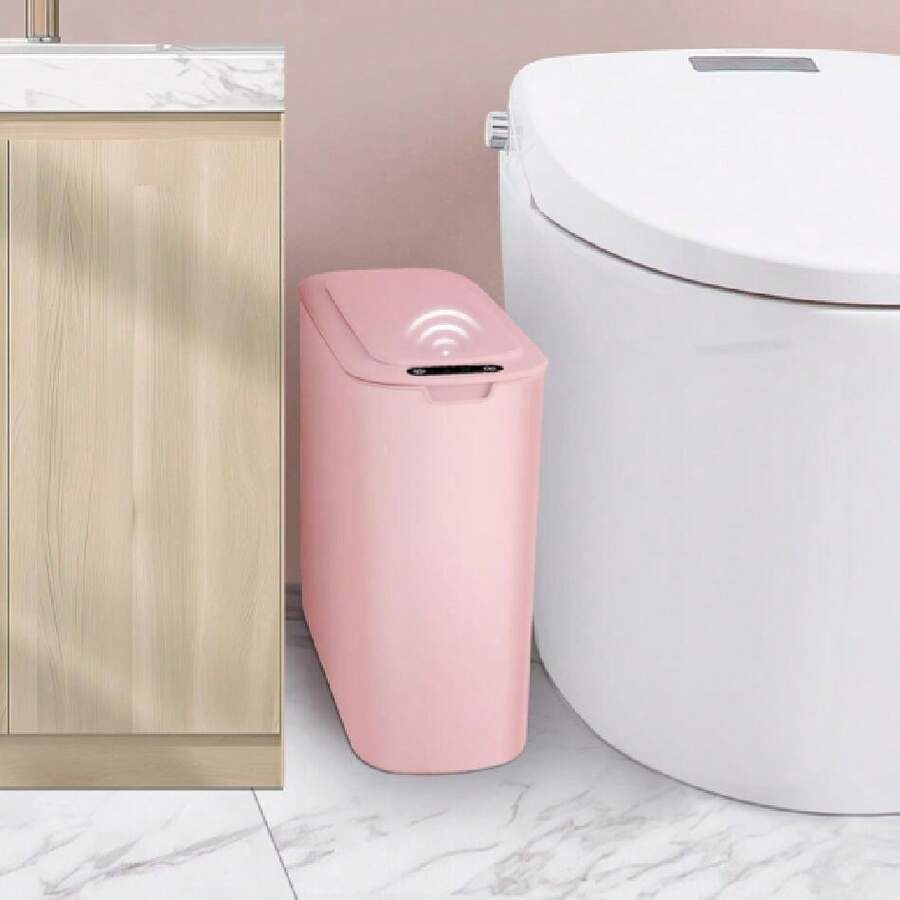 Automatic Motion Sensor Bathroom Trash Can With Lid, 2.6 Gallon Touchless Trash Bin, Smart Plastic Slim Garbage Can Small Wastebasket For Toilet, Office, Rv, Bedroom, Living Room, Pink,23170694 - Màu Hồng Tươi - Xem 1