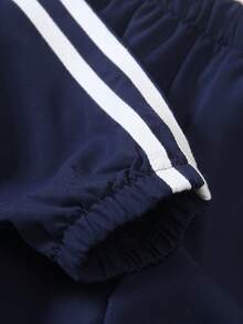 2 件套年轻男孩时尚半拉链漏斗领休闲运动校园风格海军蓝插肩袖夹克和侧条纹慢跑裤套装，2025 年秋季 - 寶藍色 - 查看 4