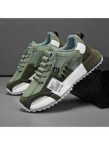 1双男士休闲运动鞋，系带字母图案PU低帮户外多功能滑板鞋，透气徒步鞋 - 綠色 - 查看 13