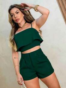 Solid Women's Tailored Set, Cropped Top And Shorts - Army Green - View 1