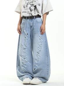 1 chiếc quần jeans ống rộng rách laser hiệu Hearty Haven dành cho nam, kiểu dáng thời trang, thoải mái, phù hợp cho mọi mùa (Không bao gồm thắt lưng hoặc phụ kiện) - Rửa nhẹ - Xem 4