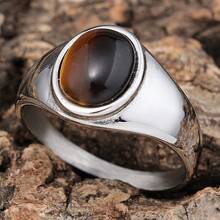 1 pezzo Anello unisex semplice e classico in acciaio inossidabile con gemma naturale occhio di tigre, lucidato a specchio, adatto per feste e uso quotidiano