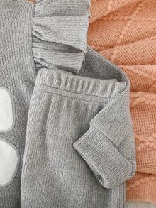 2 件套女婴休闲可爱刺绣蝴蝶结荷叶边袖口长袖运动衫搭配纯色裤子套装，秋冬 - 灰色 - 查看 8