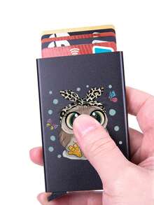 Portofel ultra-subțire din aluminiu cu blocare RFID pentru bărbați și femei - Suport de card pop-up cu design negru drăguț cu bufniță, protecție antifurt, potrivit pentru carduri de credit de afaceri, portofel mic cu carduri pentru femei