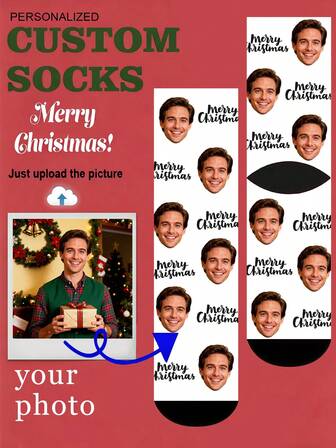 1pc Unisex Custom Pet Face Printed Comfortable Festive - Style Socks For Christmas,Christmas Gift For Boyfriend