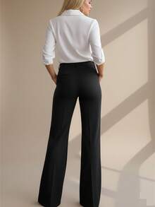 Commute Minimalist Office Old Money Simple Sexy And Elegant High Waisted Wide Leg Slacks With Belt Loops, Women Work Wear Career Pants - 黑色 - 查看 2