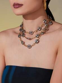 1pc Stainless Steel Bicolor Pig Nose Thick Chain Necklace, Fashionable & Versatile Jewelry - Pig Nose Necklace - View 6