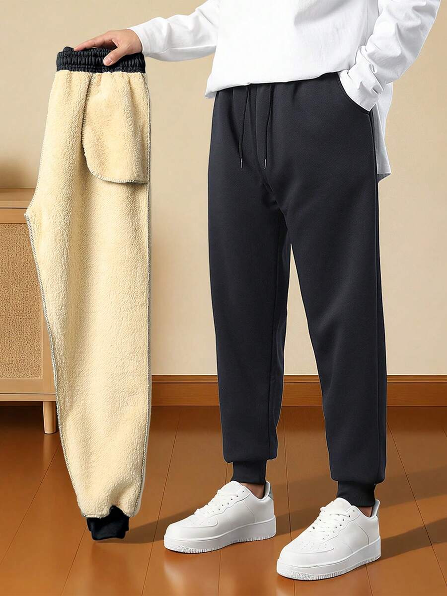 Men's Solid Color Drawstring Waist Pocket Tapered Casual Sweatpants - Navy Blue - View 1