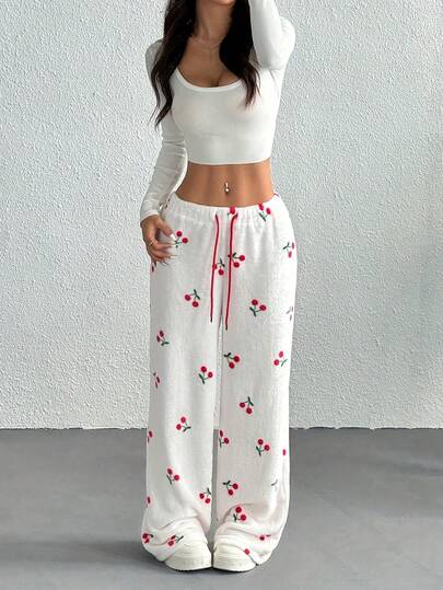Women's Autumn/Winter Fashion - Cherry Print - Comfortable Style - Pants - Warm Loungewear