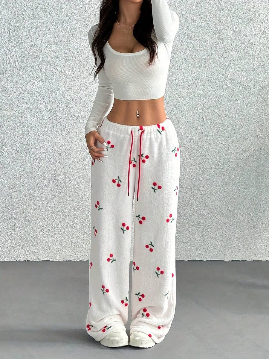 Women's Autumn/Winter Fashion - Cherry Print - Comfortable Style - Pants - Warm Loungewear - White - View 1