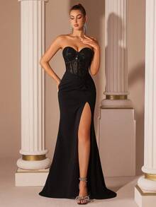 ADYCE Elegantes schwarzes Damen Partykleid mit Schlüssellochausschnitt, transparenter hoher Taille und Schlitz mit Schleife