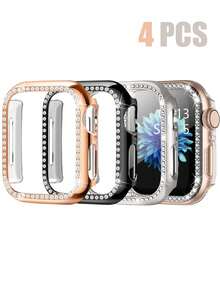 4pcs Stylish And Shiny Rhinestone Decorated Watch Case Compatible With Apple Watch Women. Sparkling Inlaid Rhinestones, Drop-Proof, Scratch-Resistant, Hard Pc Hollow Watch Case. Compatible With Apple Watch Series Ultra/11/10/9/8/7/6/5/4/Se/3, 38/40/41/42/44/45/49/46 Mm. Easy To Wear And Sensitive To Touch.