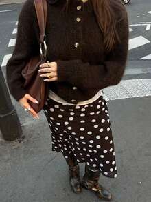 Brown Round Neck Long Sleeve Knitted Cardigan, Women's New Spring Fashion Item, Elegant Minimalist, Decorated With Metal Buttons, Casual Loose, Versatile & Comfortable, New Year New - Brown - View 5