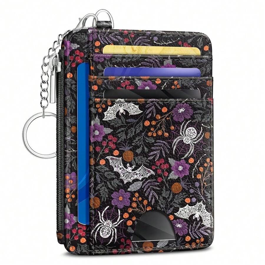 Goth Bat Spider Credit Card Holder Small Wallet Women, Gothic Slim RFID Blocking Wallet Woman Keychain With Zipper Coin Pocket, Front Pocket Thin Travel Card Case With ID Window Ladies Gifts{"Color_name":"Bat"} - 多色3 - 查看 1