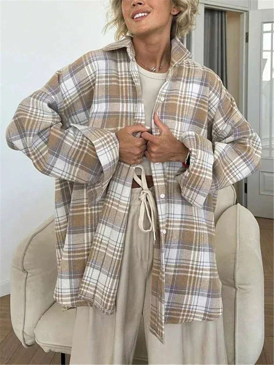 外出优雅休闲漂亮年轻宽松格子开衫纽扣长袖女衬衫上衣秋冬/万圣节/感恩节 - 杏色 - 查看 1
