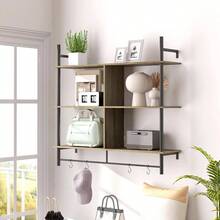 Floating Shelves, 104CM Wall Mounted Ladder Shelf With 4 Hooks, Rustic Hanging Display Shelf Living Room, Entryway, Kitchen, Rustic Brown - Grey Wood Effect - View 3