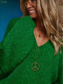 Plus Size Women Sweater - Loose Fit V-Neck Solid Color Casual Knitted Pullover, Slouchy Minimalist Plus Size Knit Sweater For Women, Autumn/Winter - 綠色 - 查看 2