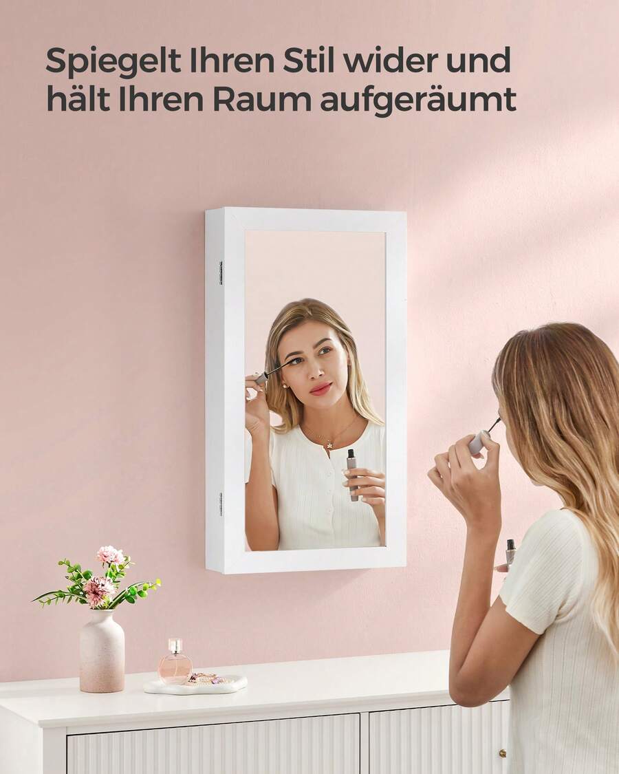 Schmuckschrank, Spiegelschrank, Hängeschrank, abschließbarer Wandschrank, platzsparender Schmuckorganizer - Oberfläche in Weiß, Innenfutter in Greige - Übersicht 1