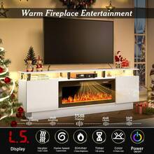 [2 Packages Shipping]70"Fireplace TV Stand With 36" Electric Fireplace,Stainless Steel Pipe,Modern 70 Inch 2 Tier TV Console Stand For TVs Up To 80", LED Light Entertainment Center With Storage Cabinets - 白色 - 查看 2