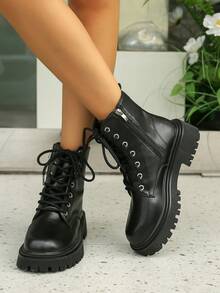 新款女士踝靴，时尚百搭休闲平底鞋 - 黑色 - 查看 6