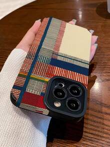 1pc Creative PU Leather Striped Patchwork Pattern Phone Case Compatible With Samsung/Compatible With IPhone 11, 12 Pro Max, 14 Pro Max, 15, 16/16 Pro, 17/17 Pro And Other Models - Multicolor - View 2