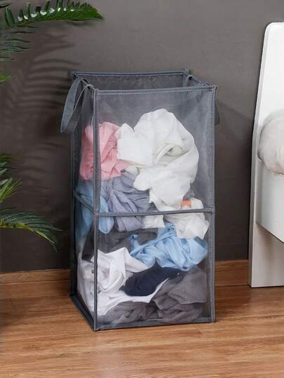 1PC Black & White Mesh Laundry Hamper, Minimalist Portable Collapsible Double-Layer Dirty Clothes Storage Basket With Handles, Moisture-Proof Breathable Organizer For Bedroom, Dorm, Travel & Daily Use