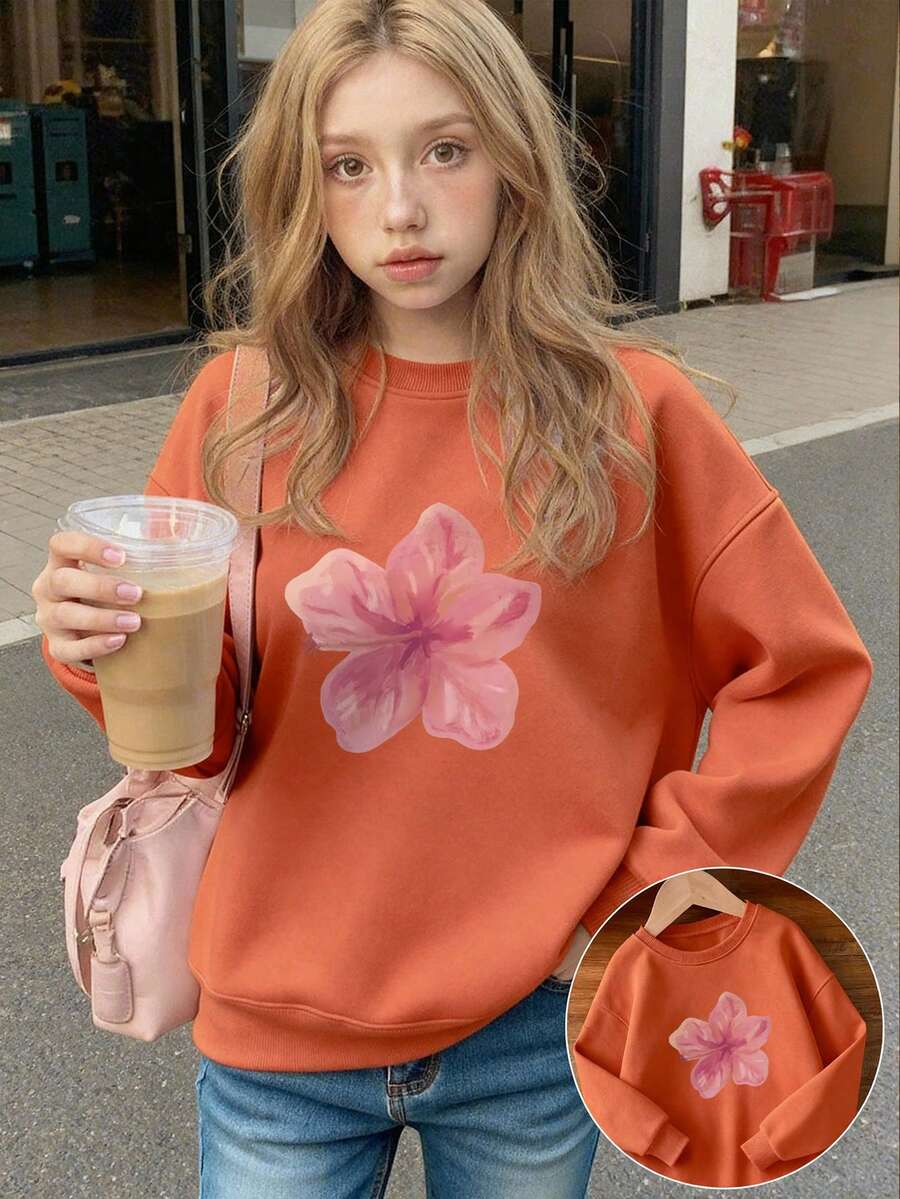 1pc Girls Casual Printed Pullover Crew Neck Sweatshirt, Student Young Clothing, Long Sleeve, Autumn/Winter - Orange - View 1