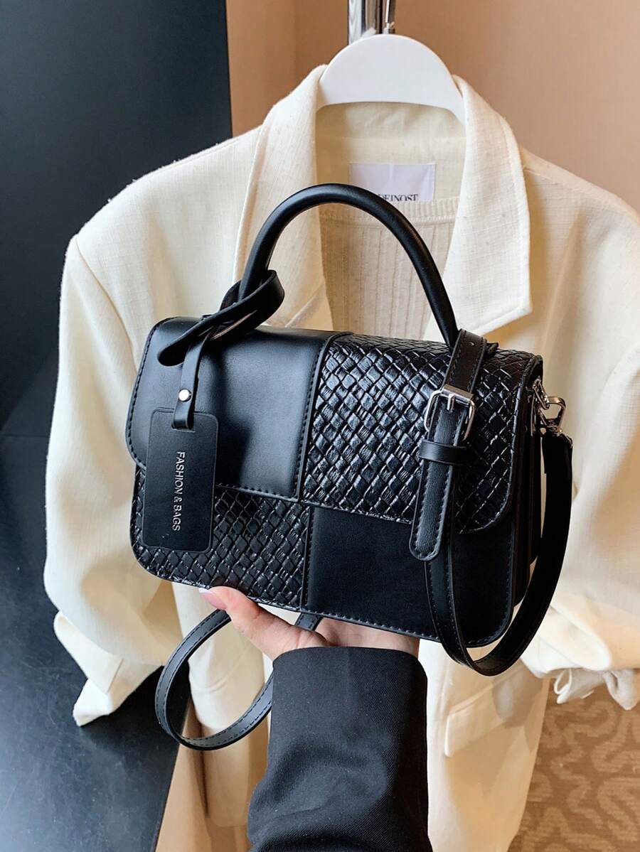 Nuevo bolso de mano de mujer versátil y de moda clásica de PU con diseño de patchwork, bolso tejido, bolso cuadrado, bolso de hombro, adecuado para compras, fiestas y citas - Negro - Ver 1