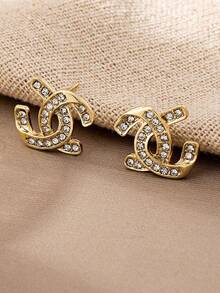 1 Pair Minimalist Rhinestone Decor Stud Earring For Women, Interlock Letters Earrings Basic Jewelry Design For Daily Wear, Gift For Her