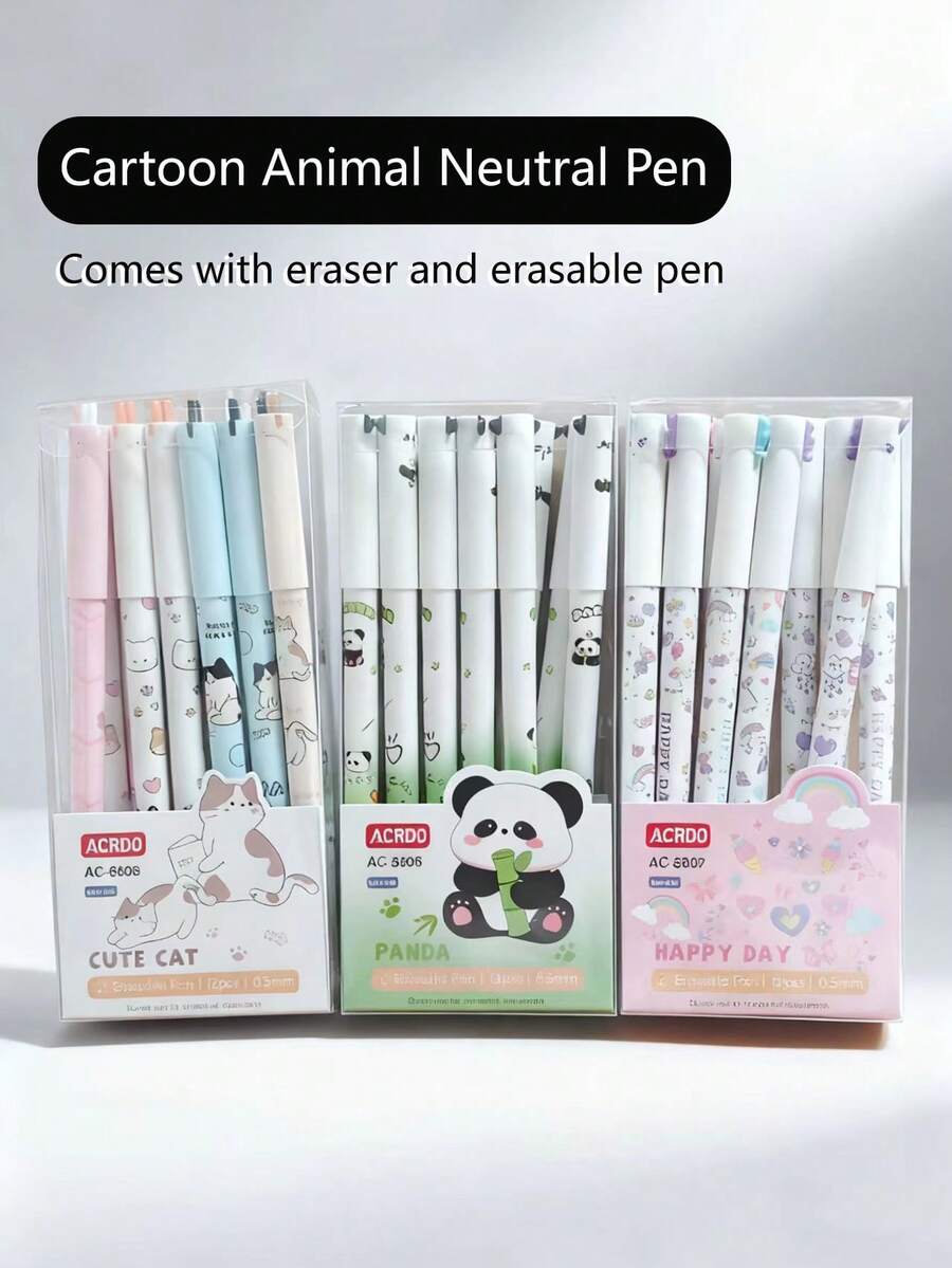 12 Stücke/Box süße Panda Gelschreiber, Cartoon Katze Giraffe geformte löschbare Kugelschreiber, kreative Einhorn Wärme verschwindende Stifte, Kinder Schreib- und Malballstifte - Verschiedenfarbig - Übersicht 1