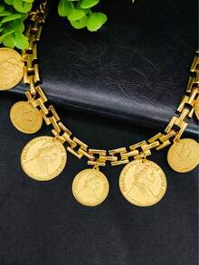 4pcs Fashion Gold-Plated Coin Head Necklace, Earrings, Bracelet, Ring Jewelry Set, Suitable For , African, Middle Eastern, Dubai Bride, Party, Wedding, Christmas, Valentine's Day, Mother's Day, Teacher's Day Gifts - Yellow Gold - View 3